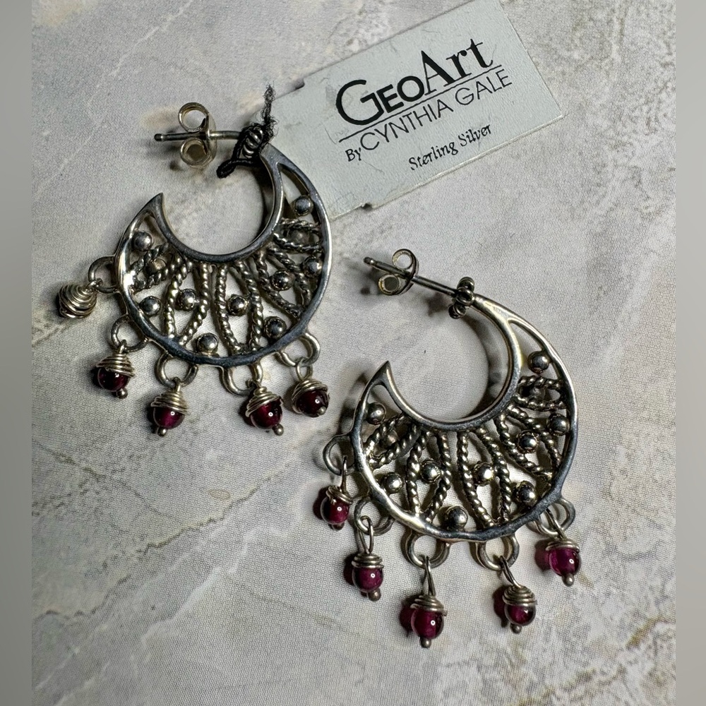 Earrings 925 Sterling Silver Red Garnet Accents Dangles Post Back Filigree Hoops